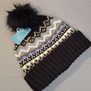 Cozy Black & Cream Knit Hat With Pom-Pom